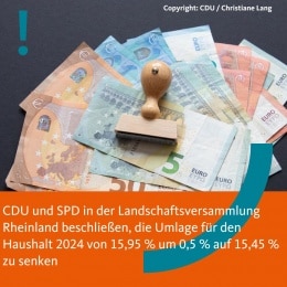 CDU und SPD in der Landschaftsversammlung Rheinland beschließen, die Umlage für den Haushalt 2024 von 15,95 % um 0,5 % auf 15,45 % zu senken